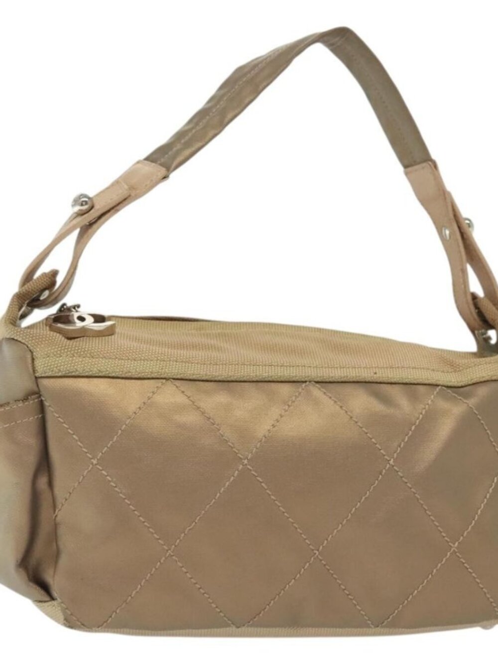 Authentic CHANEL Paris Biarritz Shoulder Bag Coated Canvas Beige Silver CC